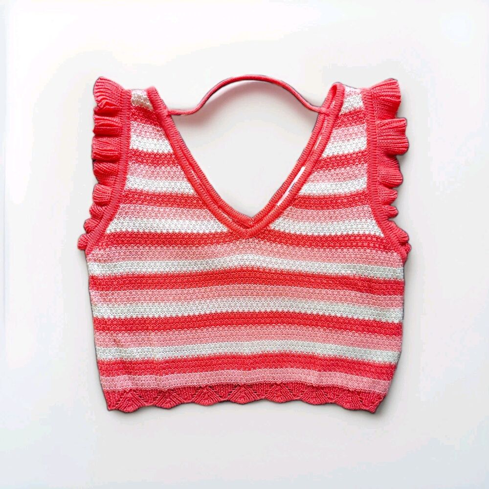 Retro Y2k Barbiecore Knit V-Neck Cropped Tank Top Ruffle Sleeves L